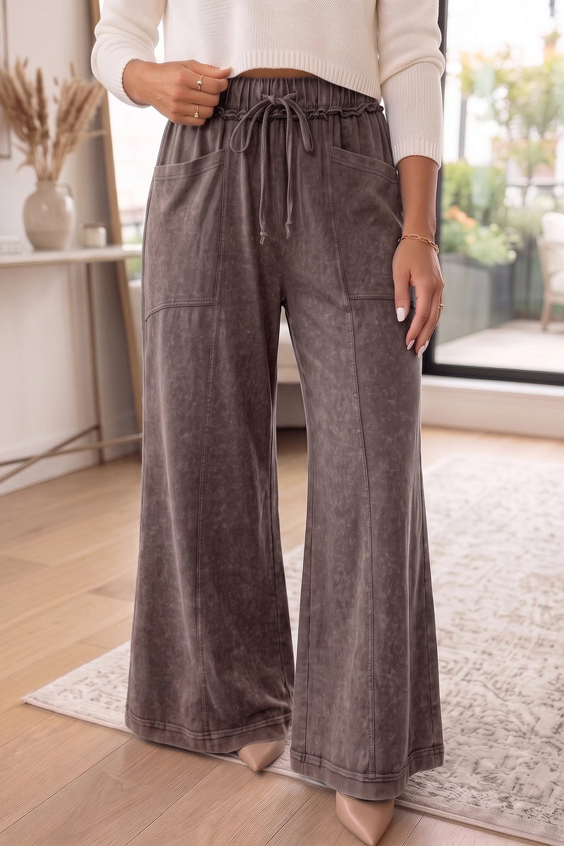 Load image into Gallery viewer, DLLS1142 - Ladies Coffee Mineral Wash Seam Detail Flare Leg Drawstring Pants
