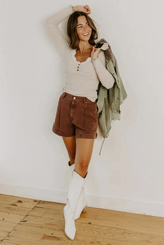 DLLS183 - Ladies Beige Lace Neckline Button Decor Lettuce Edge Long Sleeve Ribbed Top