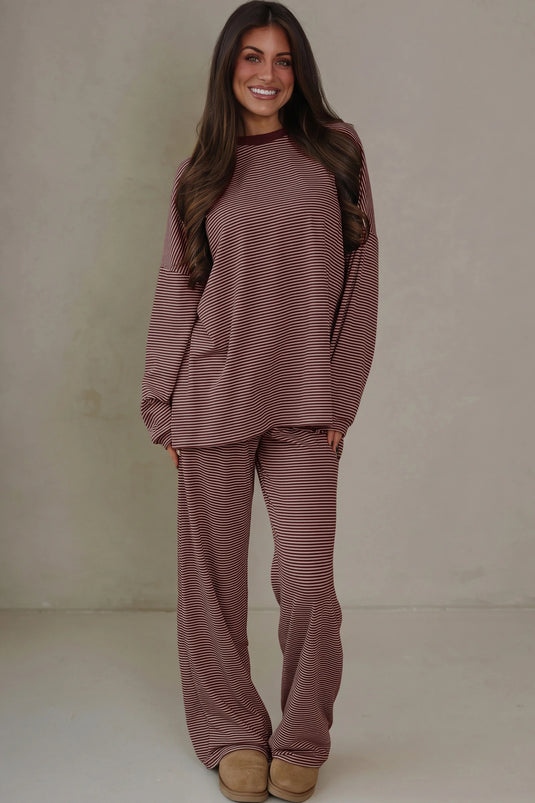 DLLS1048 - Ladies Brown Stripe Trim Round Neck Oversize Long Sleeve Top 2pcs Pant Set
