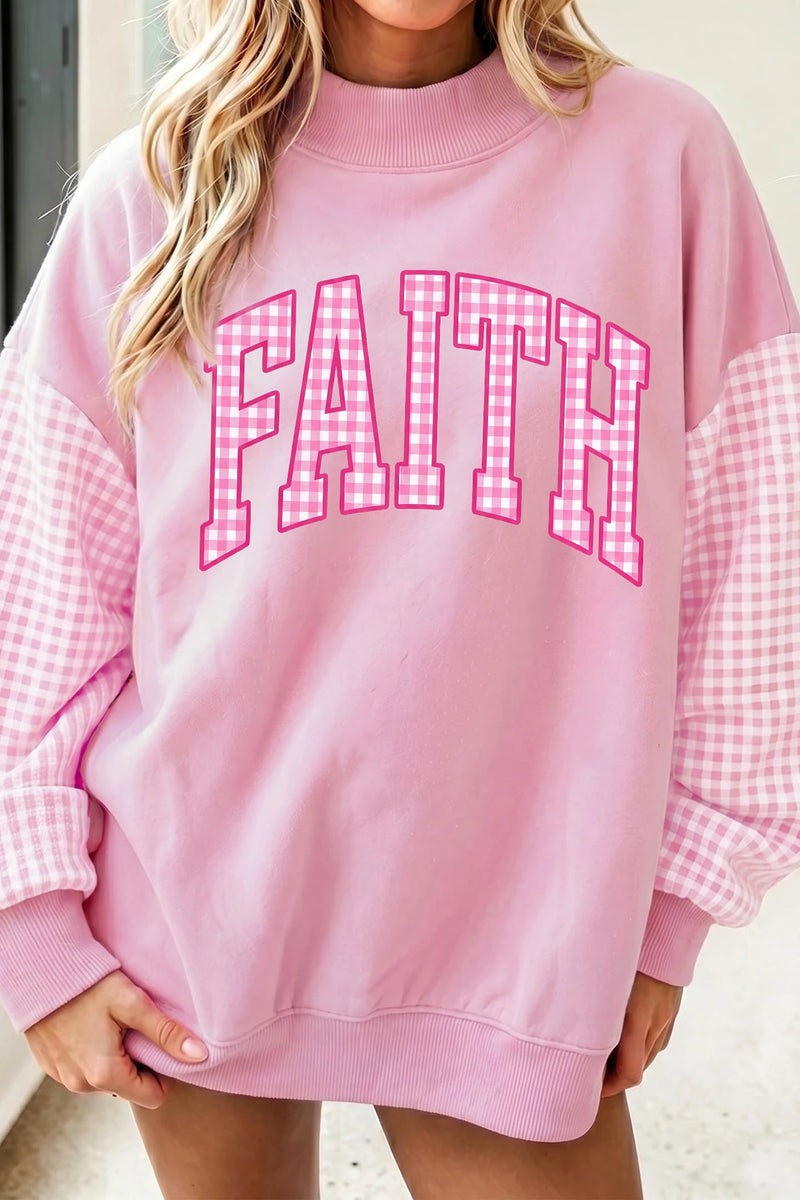 Load image into Gallery viewer, DLLS1150 - Ladies Pink FAITH Plaid Colorblock Pullover Sweatshirt
