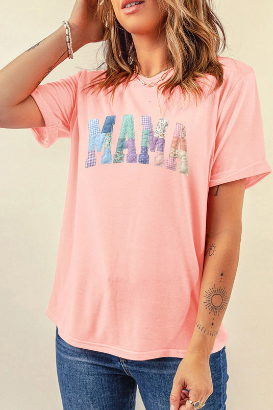 DLLS549 - Ladies Pink Faux Patchwork Print Floral MAMA Lettering T Shirt