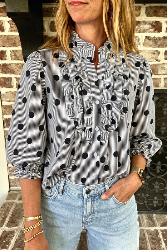 DLLS1138 - Ladies Black White Polka Dot Striped Print Ruffle 3/4 Sleeve Shift Shirt