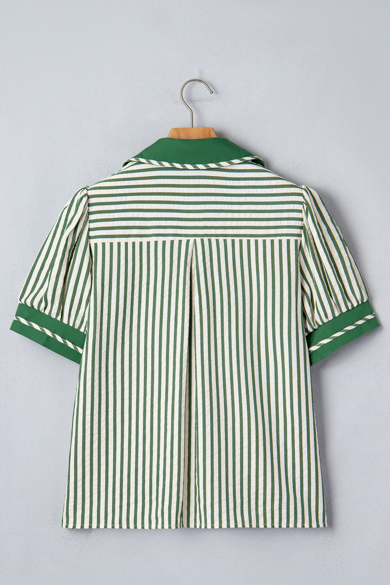 Load image into Gallery viewer, DLLS432 - Ladies Green Stripe Collared Split Neck Short Bubble Sleeve Blouse
