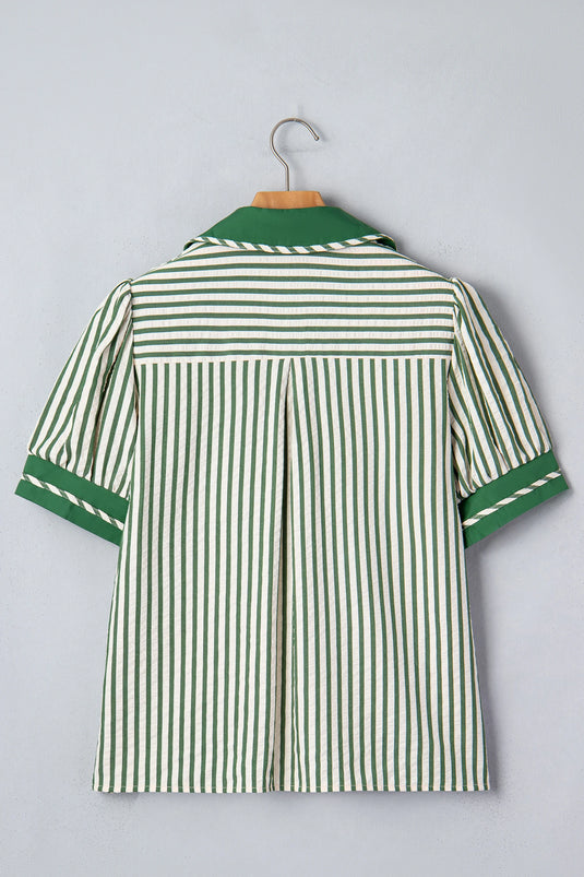 DLLS432 - Ladies Green Stripe Collared Split Neck Short Bubble Sleeve Blouse