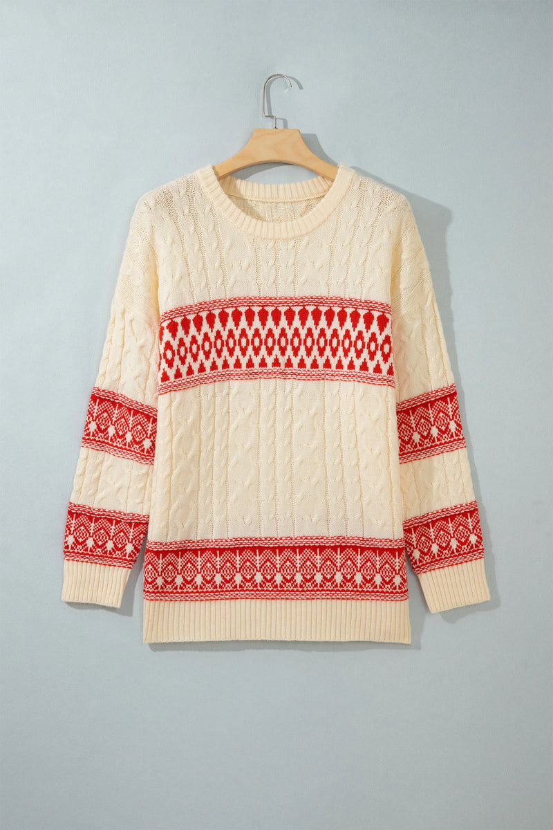 Load image into Gallery viewer, DLLS1156 - Ladies Red Western Print Round Neck Long Sleeve Shift Sweater
