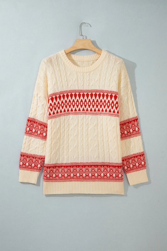 DLLS1156 - Ladies Red Western Print Round Neck Long Sleeve Shift Sweater