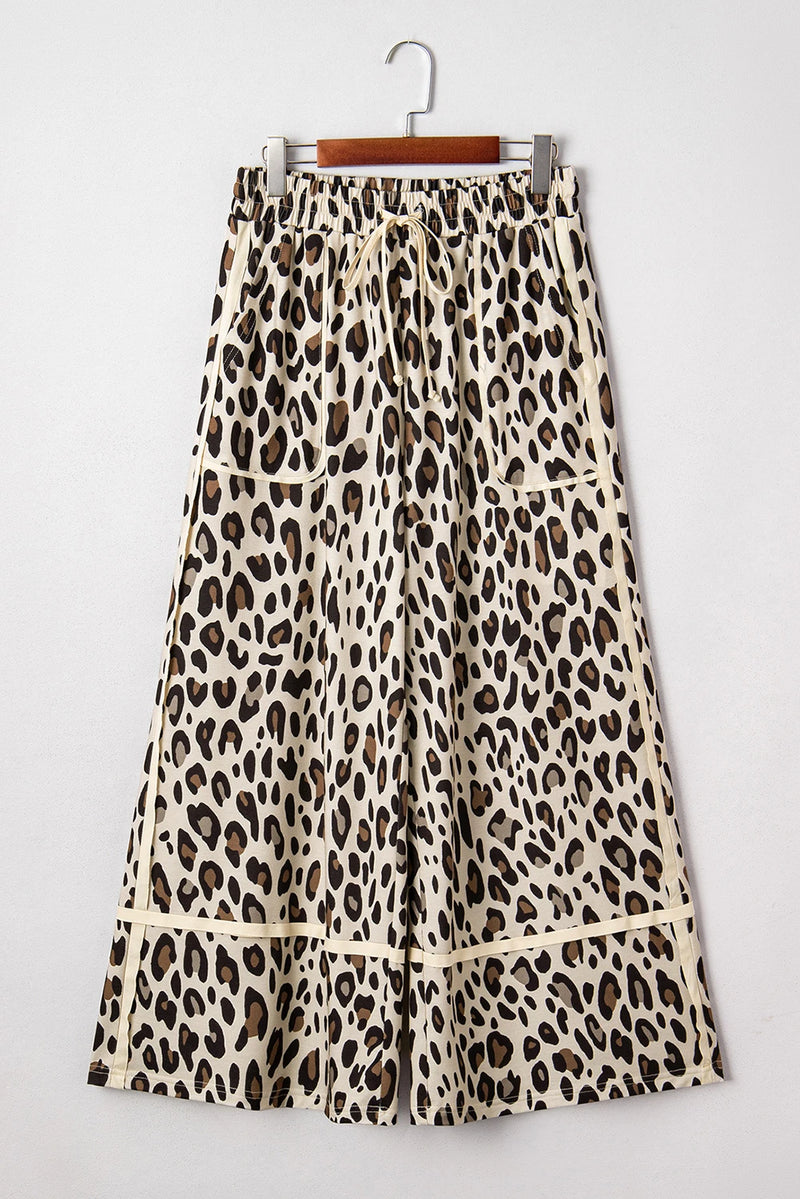 Load image into Gallery viewer, DLLS590 - Ladies Khaki Leopard Wide Leg Cropped Pants
