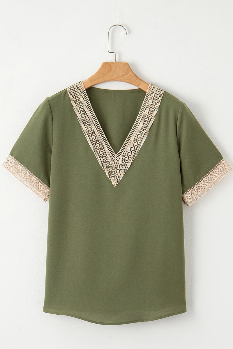 Load image into Gallery viewer, DLLS518 - Ladies Green Lace Trim V Neck Short Sleeve Blouse
