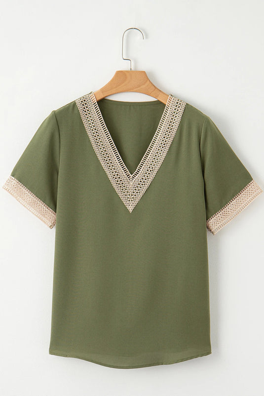 DLLS518 - Ladies Green Lace Trim V Neck Short Sleeve Blouse