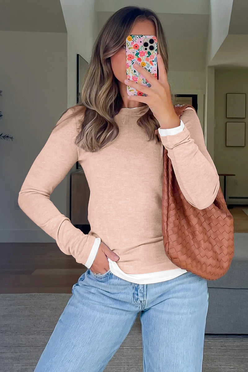 Load image into Gallery viewer, DLLS929 - Ladies Smoke Gray False Two Piece Color Block Patchwork Long Sleeve Top
