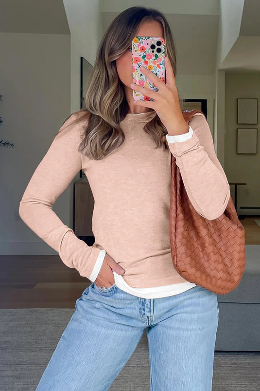 DLLS929 - Ladies Smoke Gray False Two Piece Color Block Patchwork Long Sleeve Top