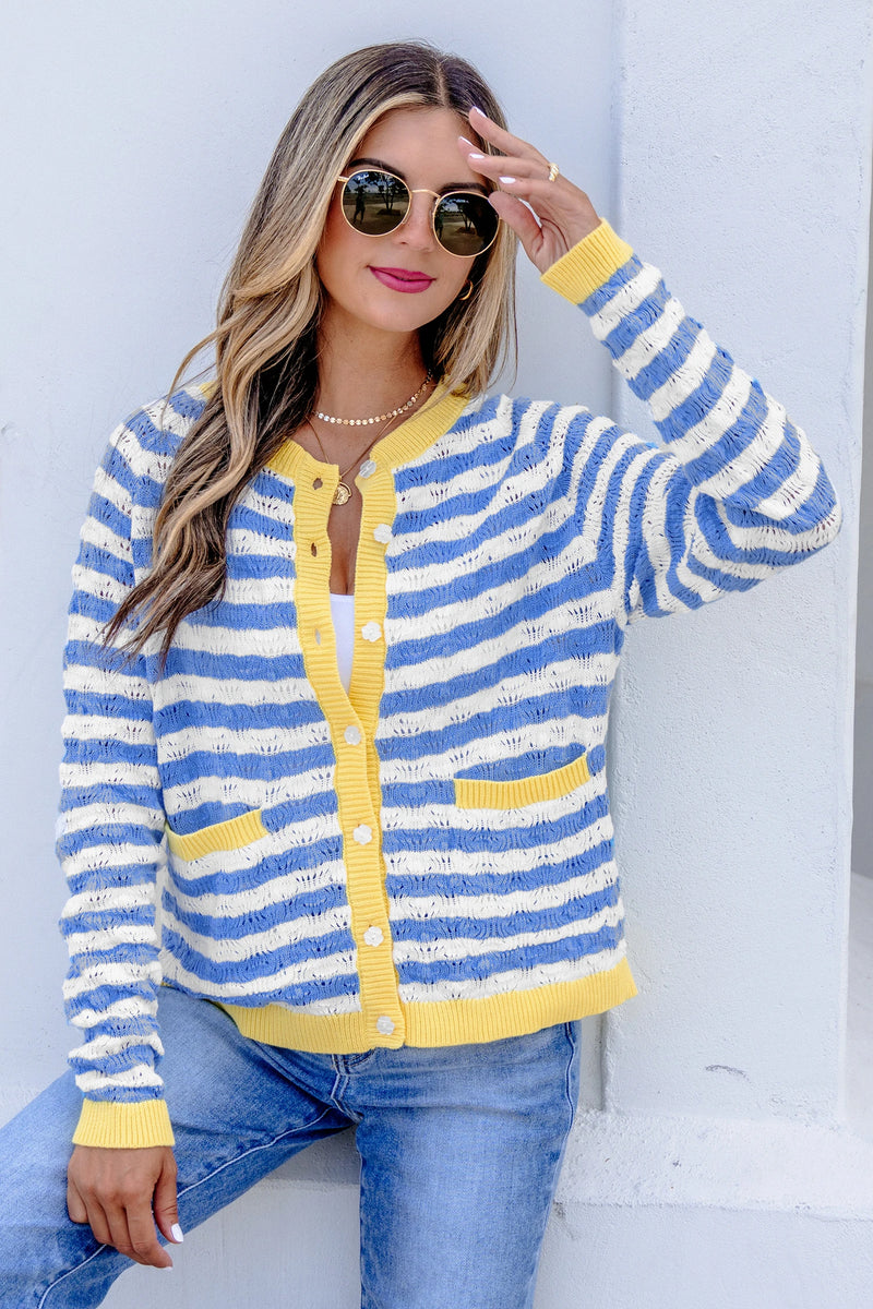 Load image into Gallery viewer, DLLS832 - Ladies Sky Blue Stripe Striped Button Front Long Sleeve Loose Fit Knit Cardigan
