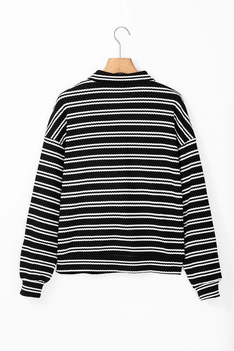 Load image into Gallery viewer, DLLS322 - Ladies Black Stripe Textured Quarter Zip Collar Long Sleeve Top
