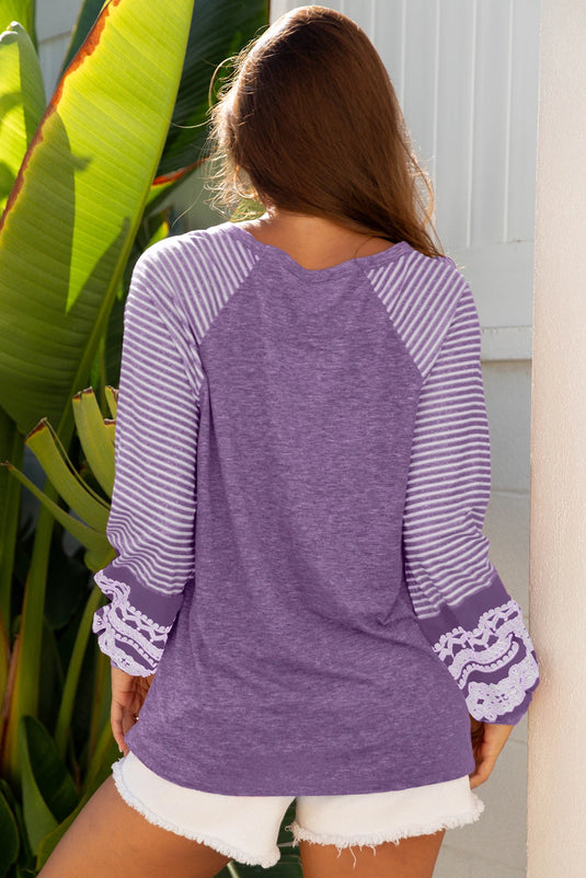 DLLS216 - Ladies Tillandsia Purple Contrast Print Striped Raglan Long Sleeve Loose Top