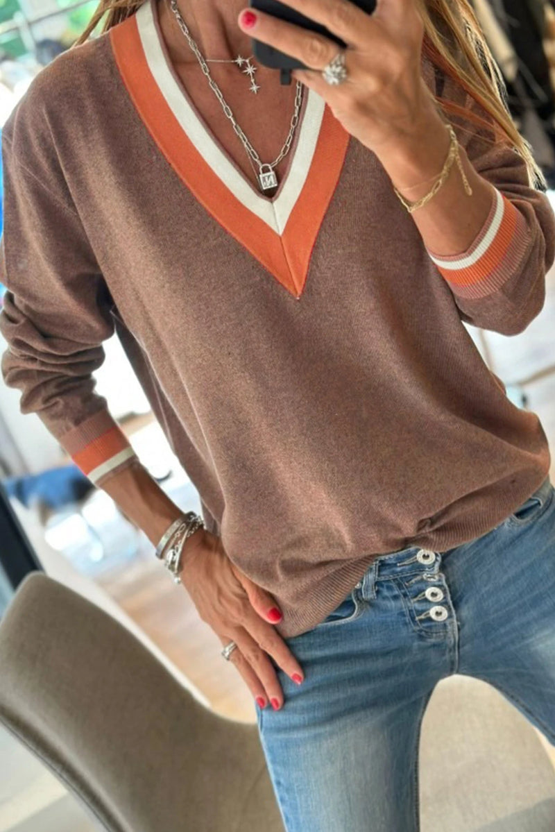 Load image into Gallery viewer, DLLS194 - Ladies Dark Khaki Contrast Striped Trim V Neck Varsity Sweater
