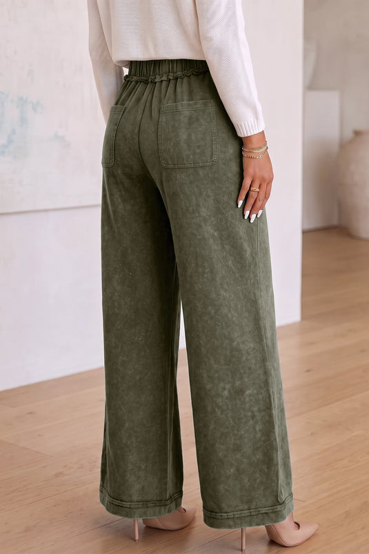 DLLS1028 - Ladies Jungle Green Mineral Wash Seam Detail Flare Leg Drawstring Pants