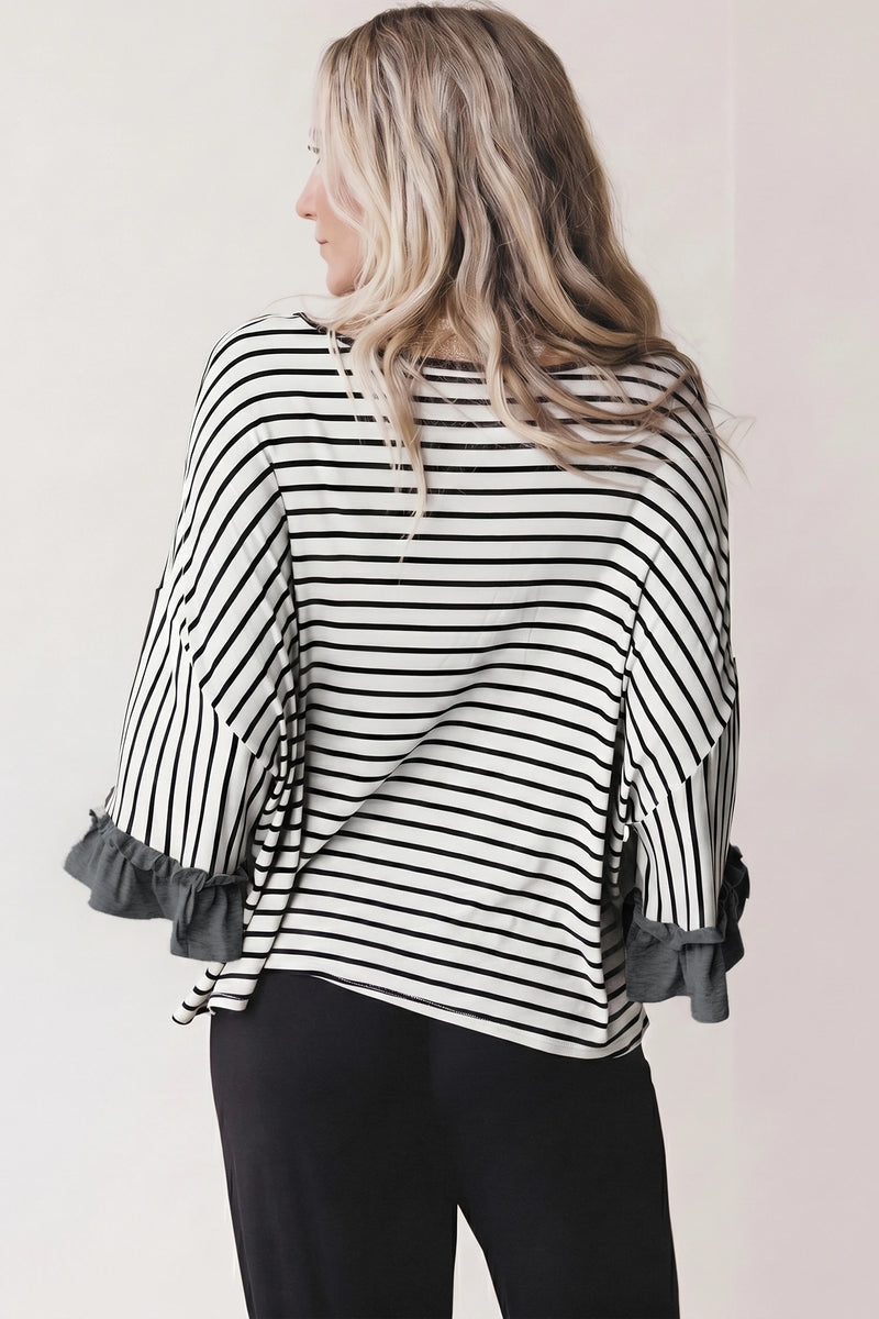 Load image into Gallery viewer, DLLS896 - Ladies Gray Stripe V Neck Ruffle Contrast Sleeve Drawstring Pants 2pcs Set
