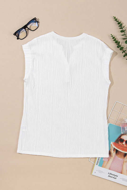 DLLS443 - Ladies White Wavy Textured Button V Neck Tee
