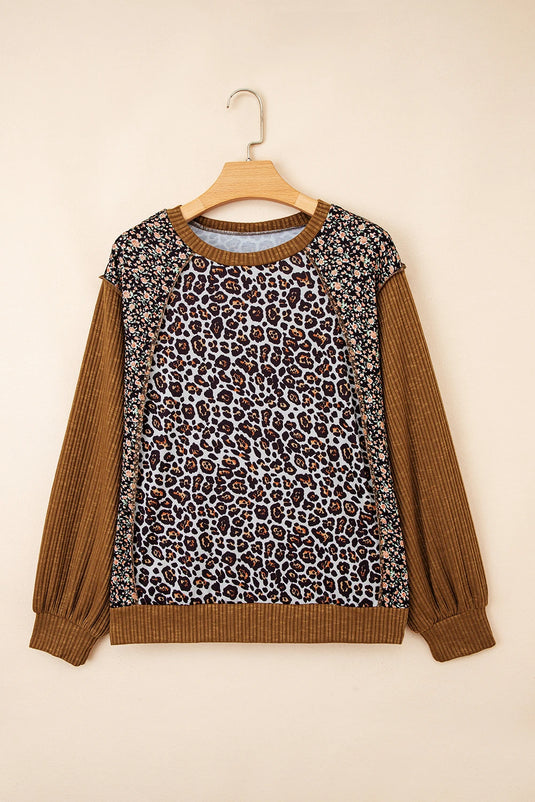 DLLS195 - Ladies Brown Leopard Floral Print Ribbed Puff Sleeve Patchwork Loose Pullover