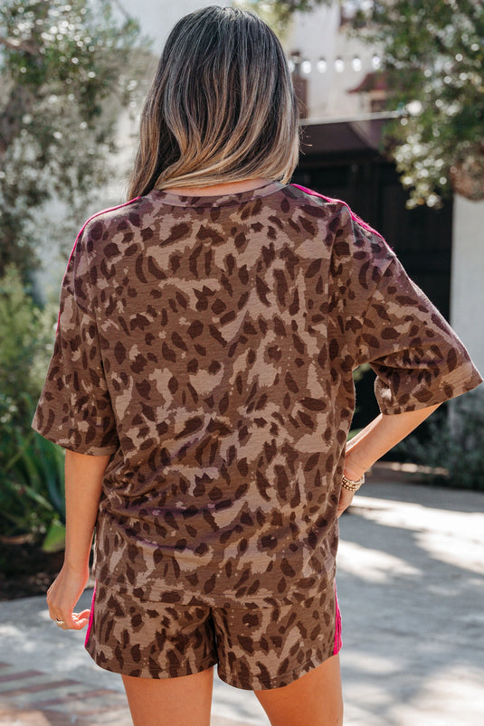 DLLS598 - Ladies Brown Contrast Striped Accent Leopard Short Set