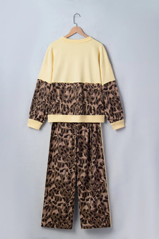 DLLS1086 - Ladies Brown Leopard Print Long Sleeve V-Neck Wide Leg Pant Set