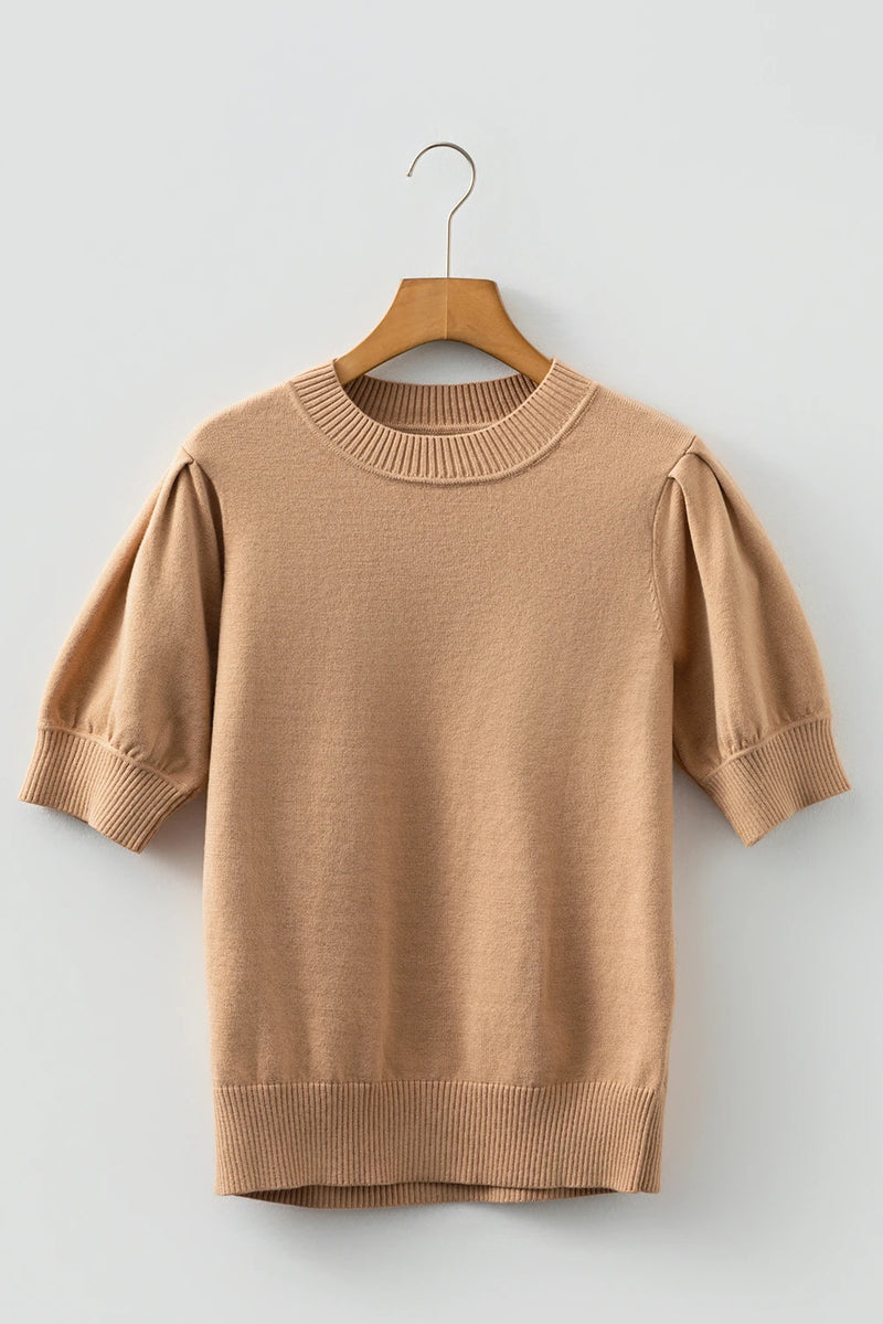 Load image into Gallery viewer, DLLS373- Ladies Light French Beige Solid Color Knit Short Puff Sleeve Sweater
