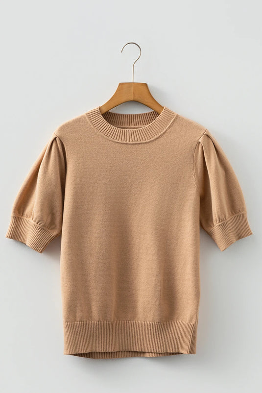 DLLS373- Ladies Light French Beige Solid Color Knit Short Puff Sleeve Sweater