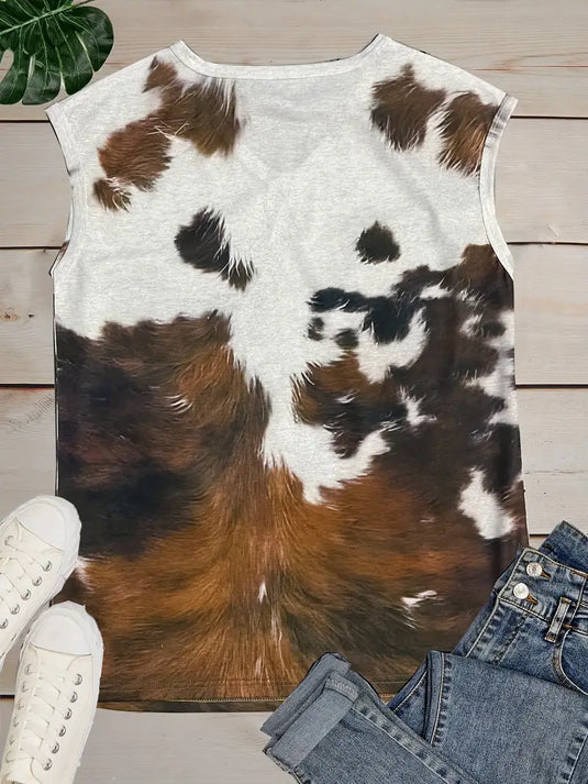 TMTSHT40 - Women's Sleeveless Cowprint V Neck Tank Top