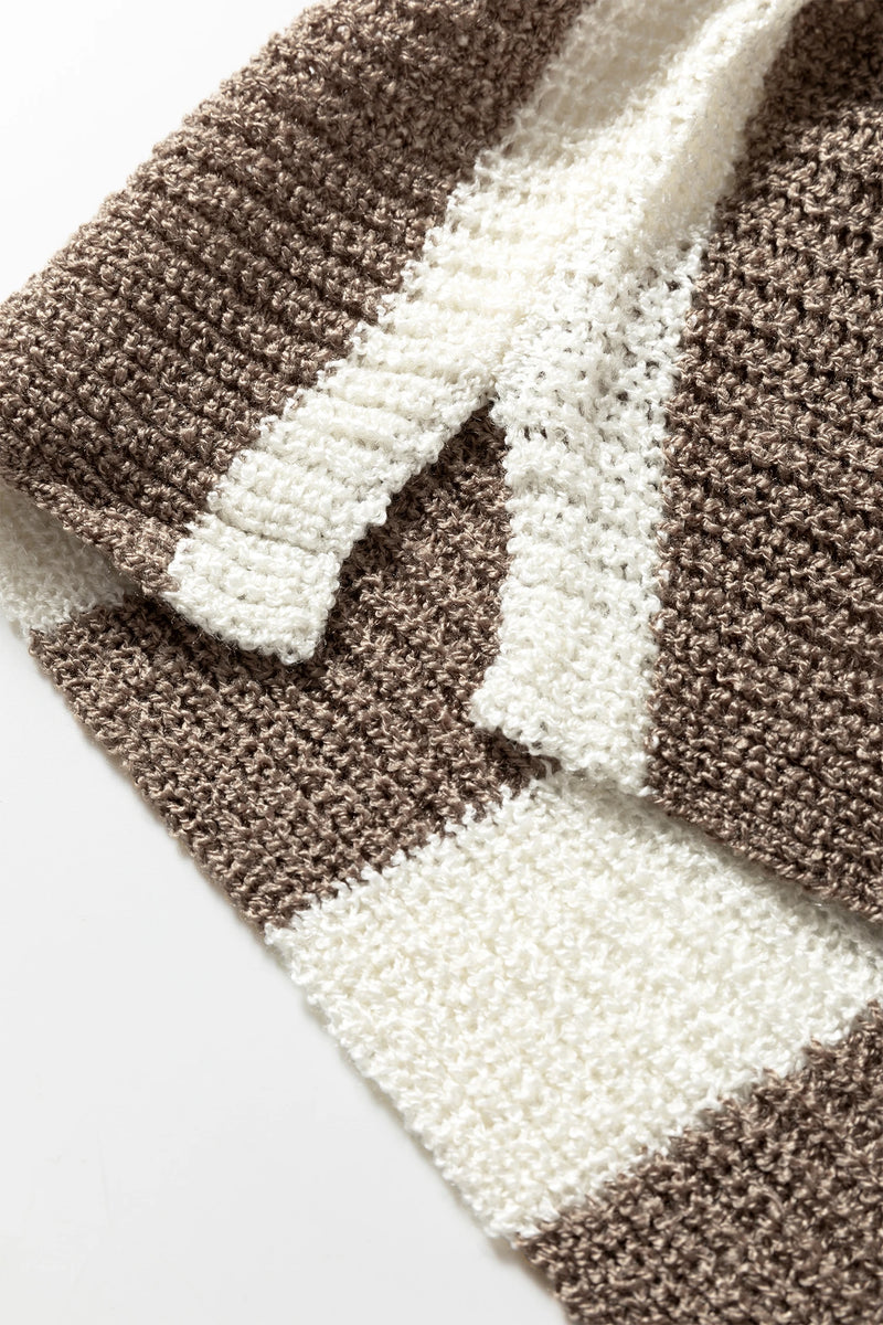 Load image into Gallery viewer, DLLS410 - Ladies Brown Stripe Colorblock V Neck Bracelet Sleeve Sweater
