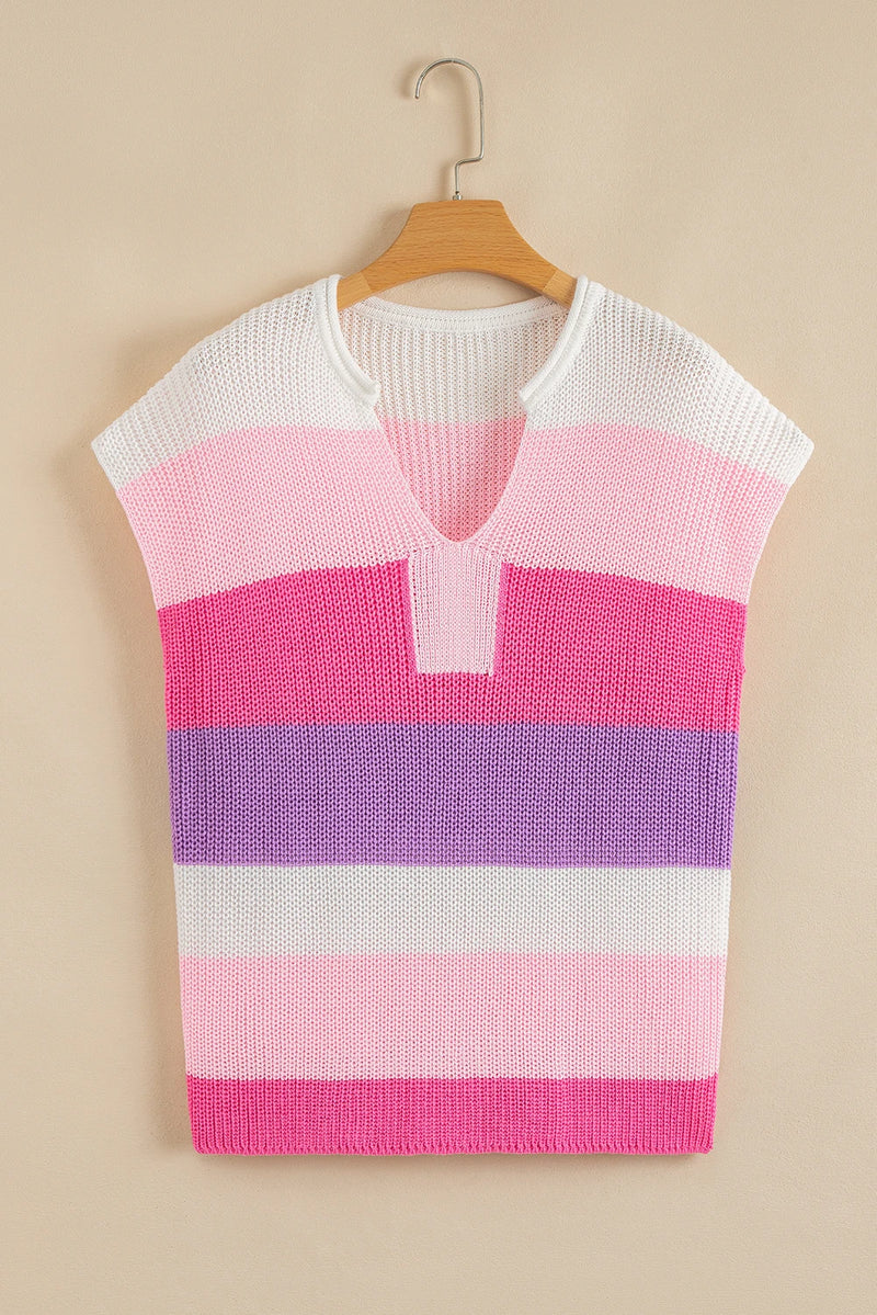 Load image into Gallery viewer, DLLS457 - Ladies Pink Color Block Notch V Neck Sweater T-Shirt
