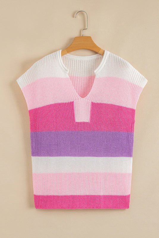 DLLS457 - Ladies Pink Color Block Notch V Neck Sweater T-Shirt
