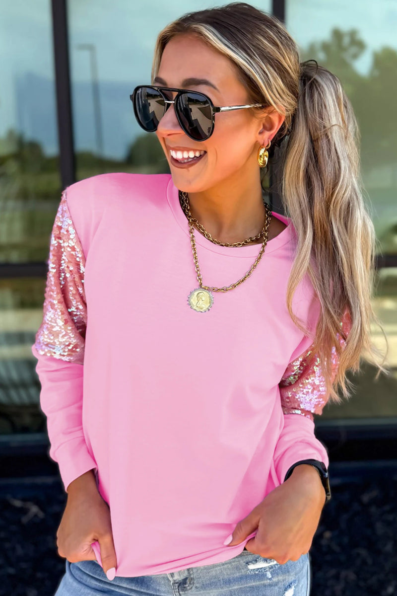 Load image into Gallery viewer, DLLS820 - Ladies Pink Long Sleeve Sequin Round Neck Pullover Top
