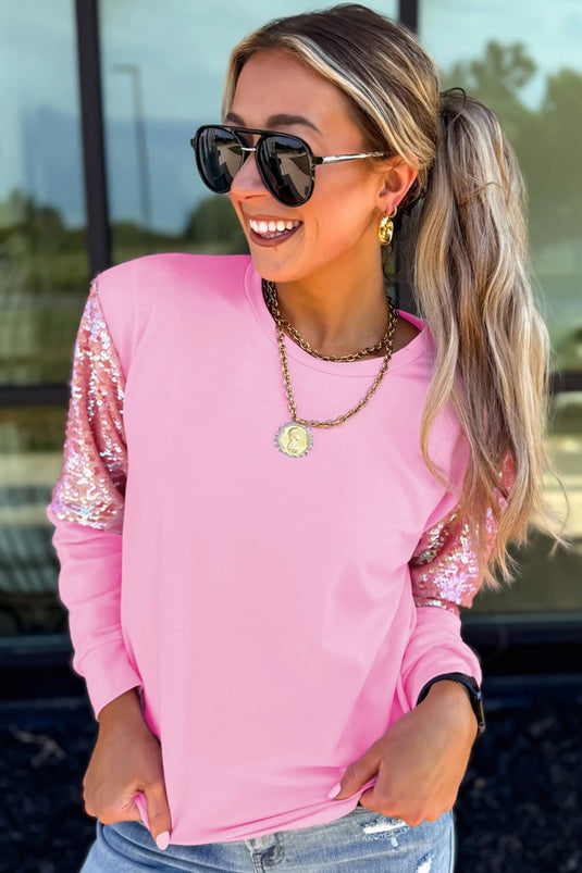 DLLS820 - Ladies Pink Long Sleeve Sequin Round Neck Pullover Top