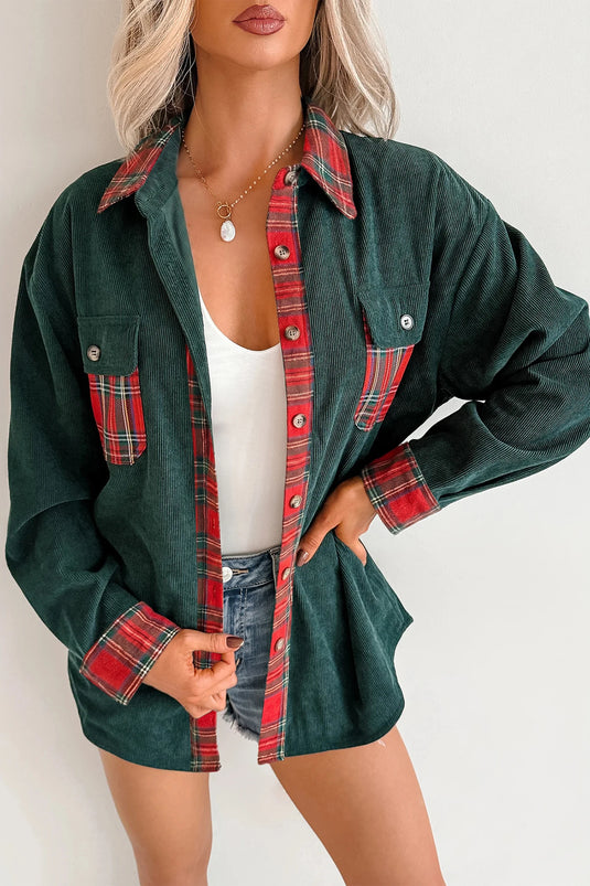 DLLS876 - Ladies Blackish Green Plaid Pocket Button Long Sleeve Shift Shacket