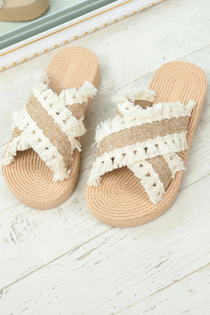 Load image into Gallery viewer, DLLSHOE 118 - Khaki Boho Contrast Tassel Detail Crossed Band Flat Slippers
