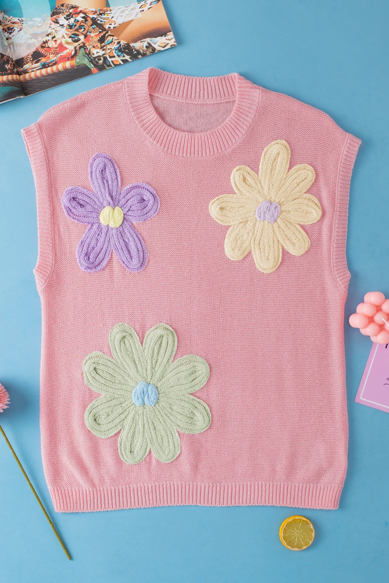 Load image into Gallery viewer, DLLS565 - Ladies Pink Multi Crochet Flower Knit Short Sleeve Sweater Top
