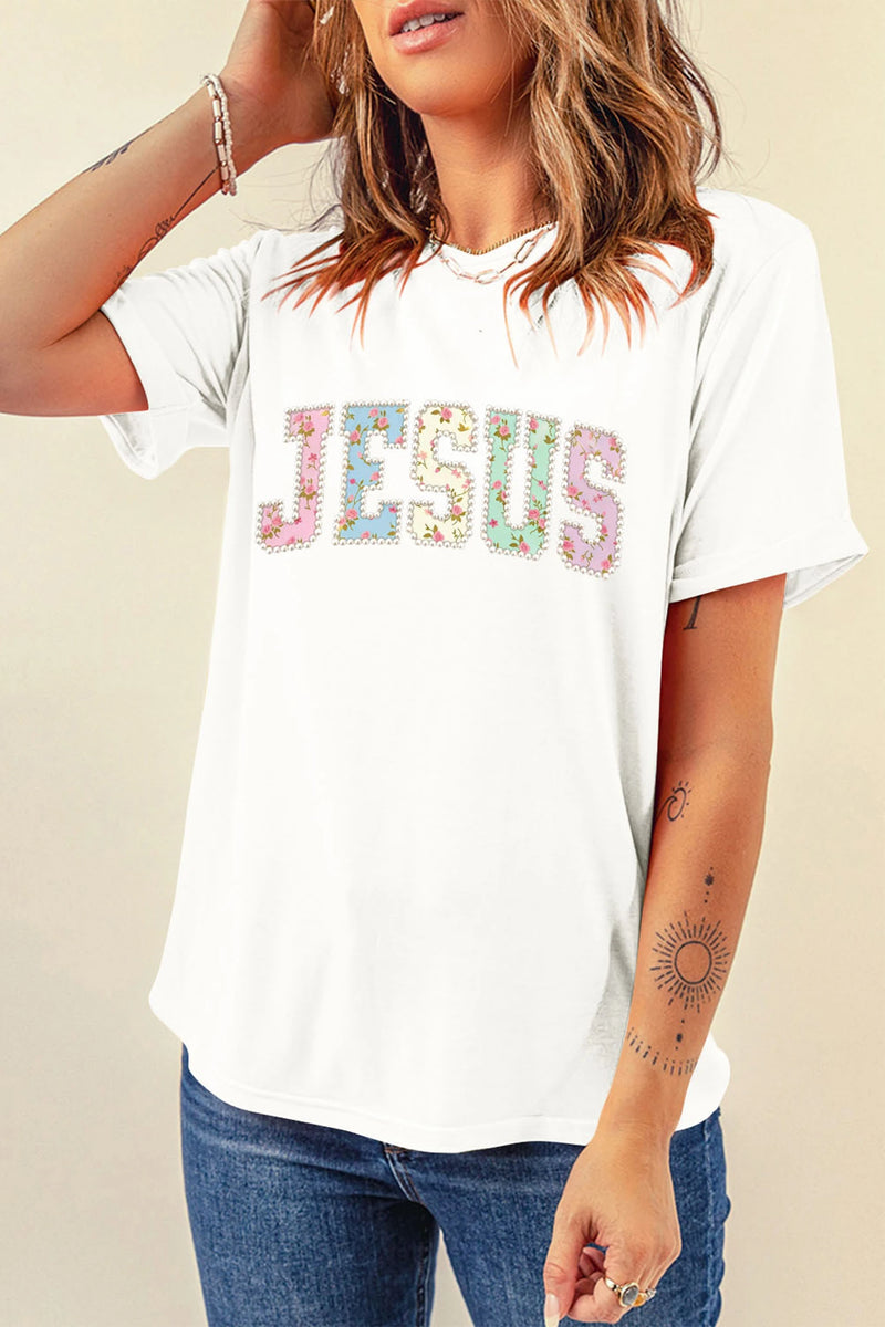 Load image into Gallery viewer, DLLS471 - Ladies White JESUS Floral Pearl Printed Letter Graphic Tee

