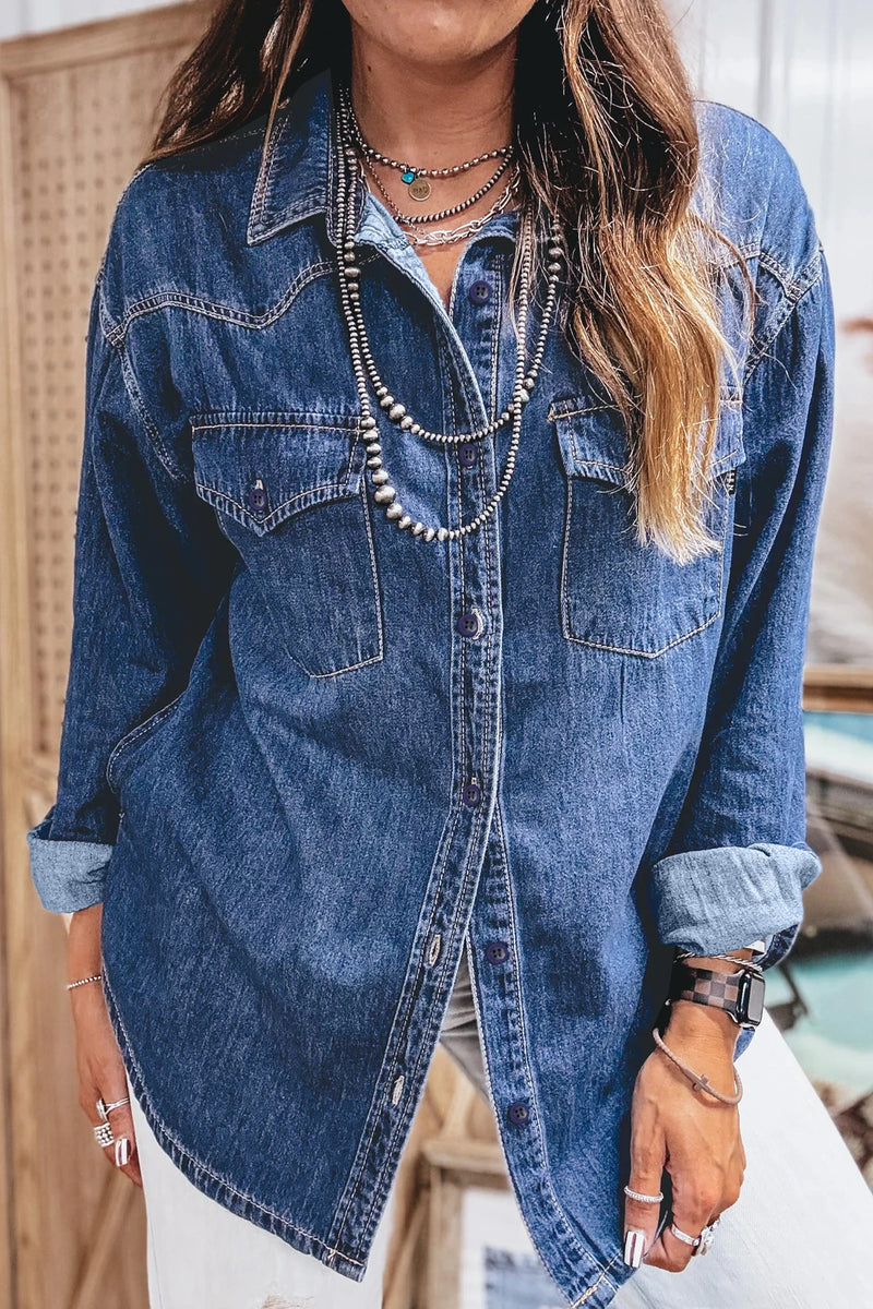 Load image into Gallery viewer, DLLS829 - Ladies Sail Blue Western Patch Pockets Tunic Length Long Sleeve Denim Shirt
