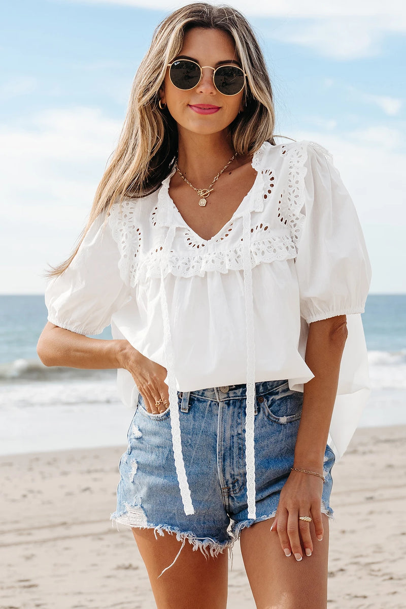 Load image into Gallery viewer, DLLS366 - Ladies White Embroidered Lace Patchwork Tie Neck Puff Short Sleeve Blouse
