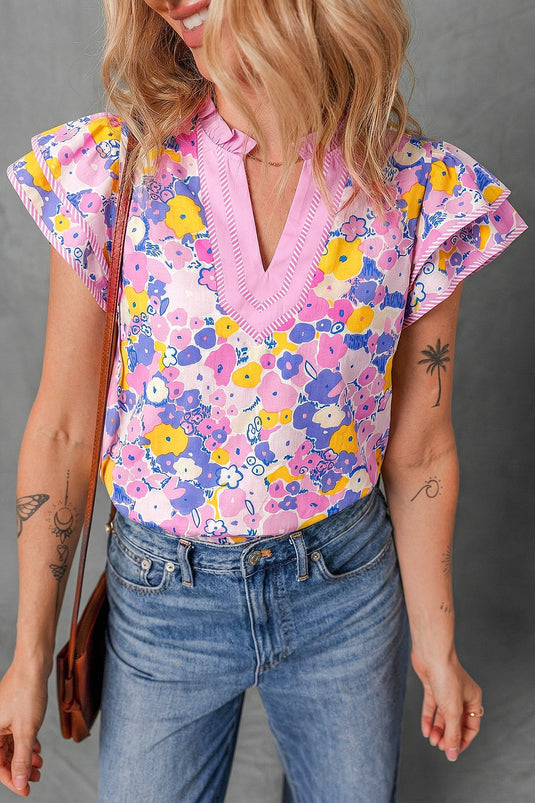 DLLS553 - Ladies Pink Floral Print Striped Color Block V Neck Flutter Sleeve Blouse