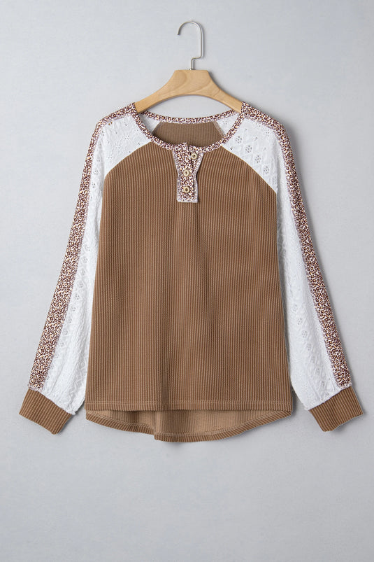 DLLS267 - Ladies Dark Khaki Twisted Ribbed Leopard Lace Contrast Patchwork Long Sleeve Top