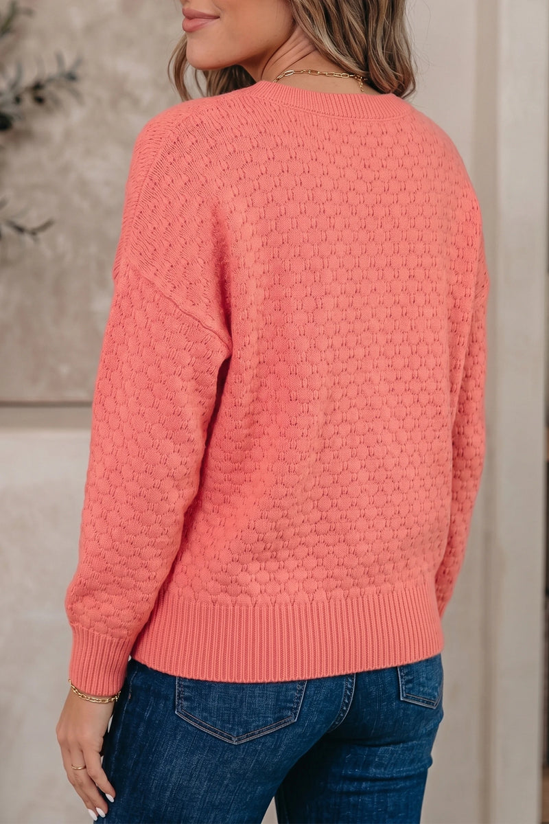 Load image into Gallery viewer, DLLS824 - Ladies Coral Paradise Drop Shoulder Ribbed Knit Long Sleeve Sweater
