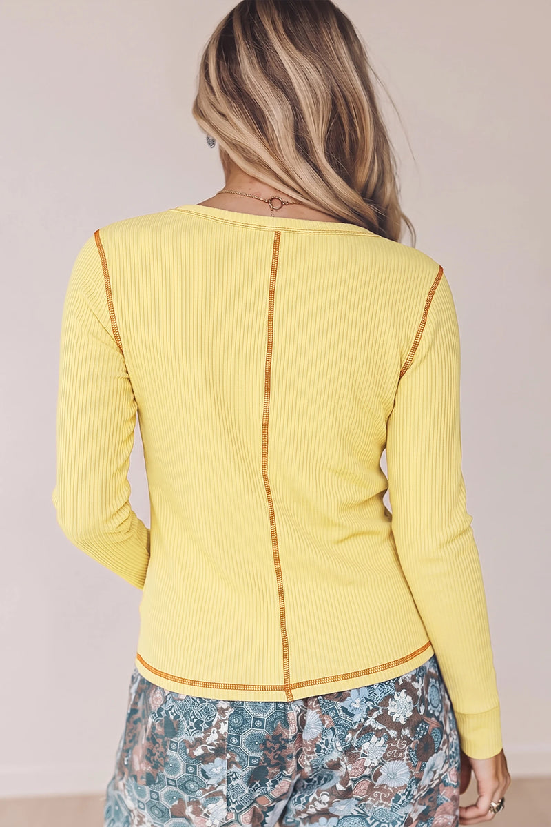 Load image into Gallery viewer, DLLS966 - Ladies Banana Cream V Neck Ribbed Stitched Detail Long Sleeve Top
