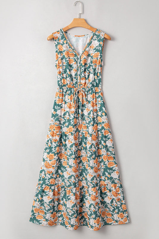 DLLS586 - Ladies Green Floral Print Trimmed V Neck Tie Waist Sleeveless Long Dress