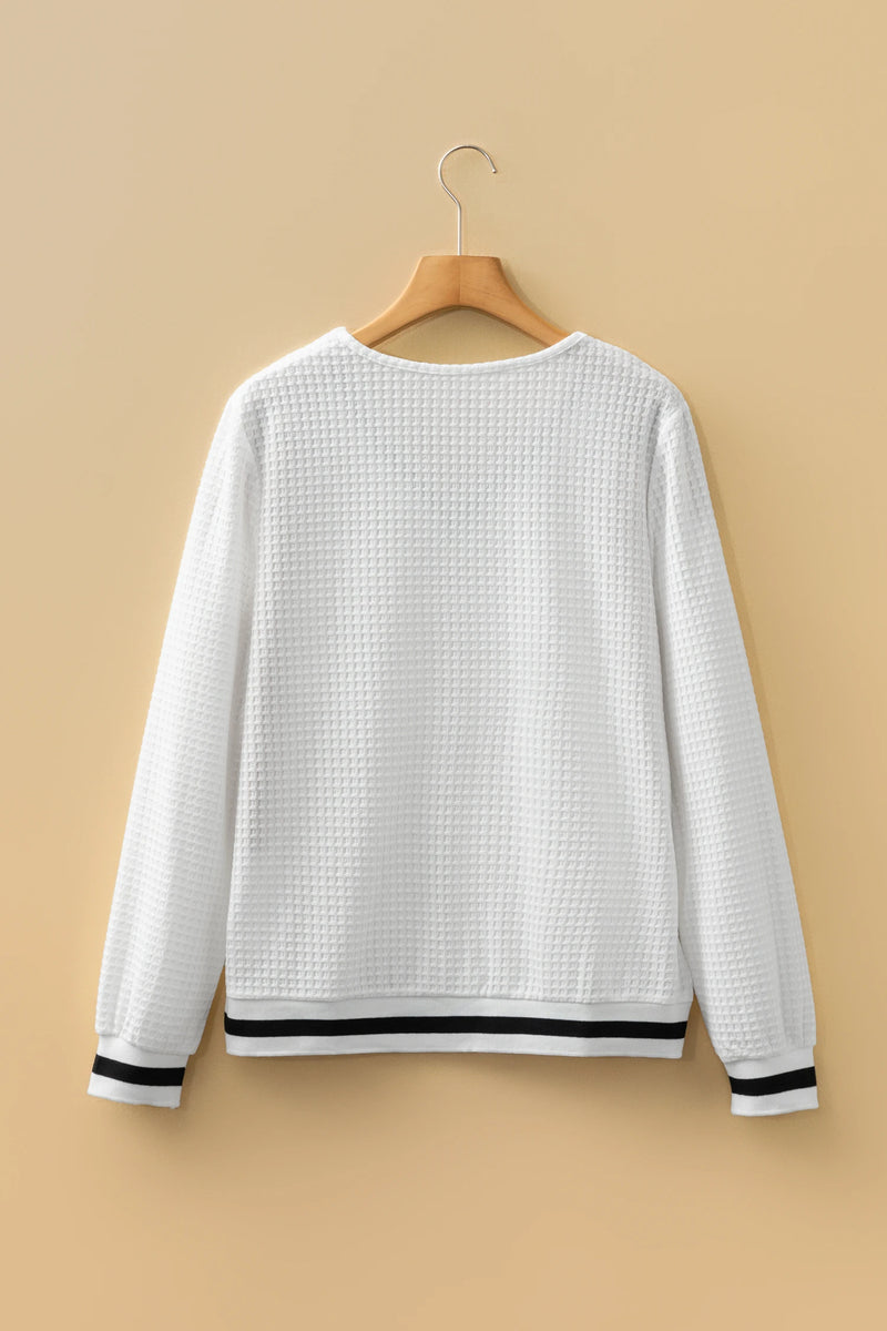 Load image into Gallery viewer, DLLS331 - Ladies White Textured Knit Preppy Striped Trim V Neck Pullover Waffle Top
