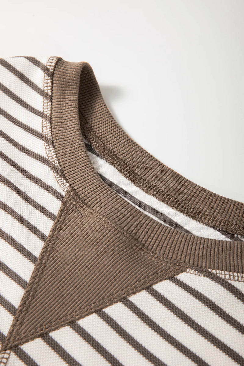 Load image into Gallery viewer, DLLS496 - Ladies Parchment Contrast Detail Striped Ruffle Short Sleeve Top
