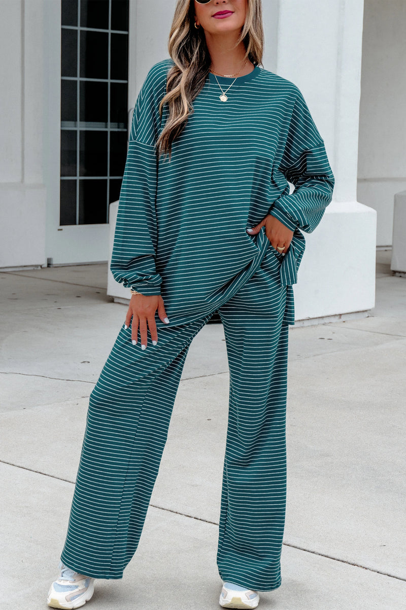Load image into Gallery viewer, DLLS1085 - Ladies Green Stripe Long Sleeve Top Elastic Waist Pants Casual 2pcs Set
