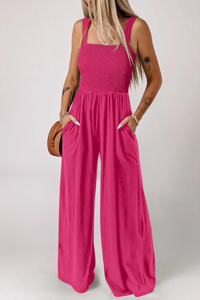 Load image into Gallery viewer, DLLS611 - Ladies Rose Red Smocked Square Neck Sleeveless Jumpsuit with Pockets
