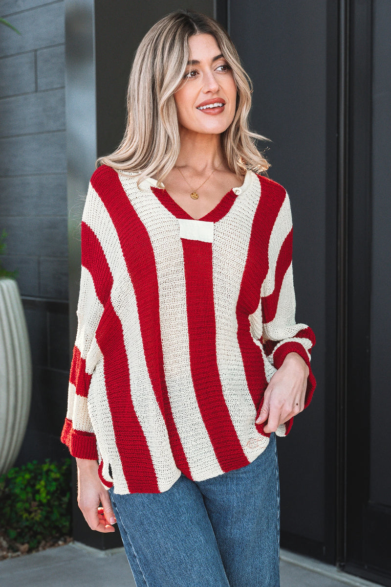Load image into Gallery viewer, DLLS414 - Ladies Red Stripe Colorblock V Neck Bracelet Sleeve Sweater

