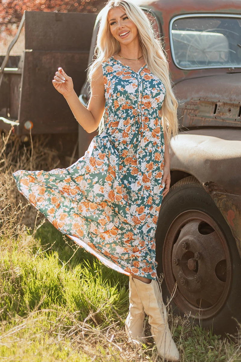 Load image into Gallery viewer, DLLS586 - Ladies Green Floral Print Trimmed V Neck Tie Waist Sleeveless Long Dress
